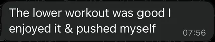 Client message: the lower workout was good, I enjoyed it and pushed myself.